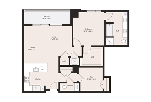 Floor plan for 1 bed, 1 bath, 1089 sqft